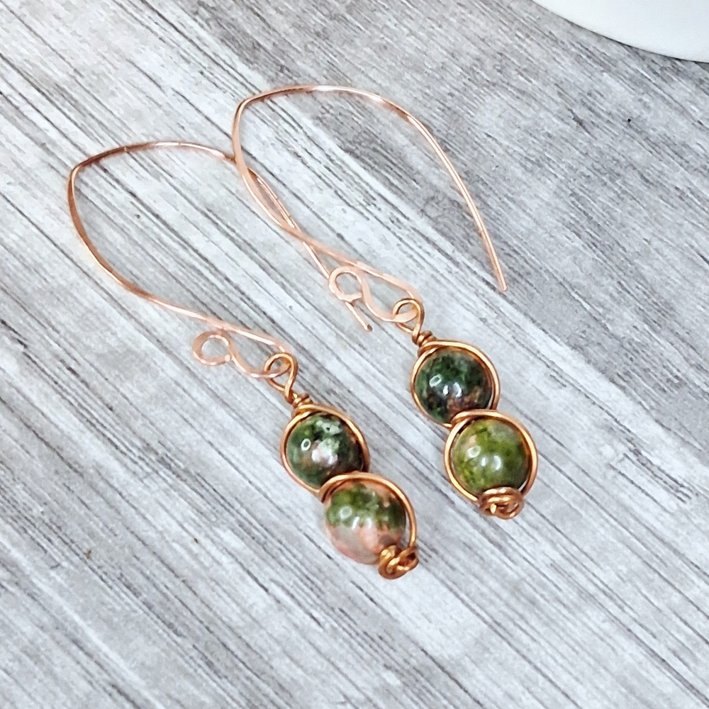 BOGO EARRINGS - Unakite gemstone wire wrapped copper dangle earrings